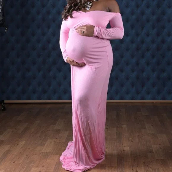 Maternity Elegant Fitted Baby Bump Gown Long Sleeve CrossFront V Neck Slim Fit - Picture 3 of 3